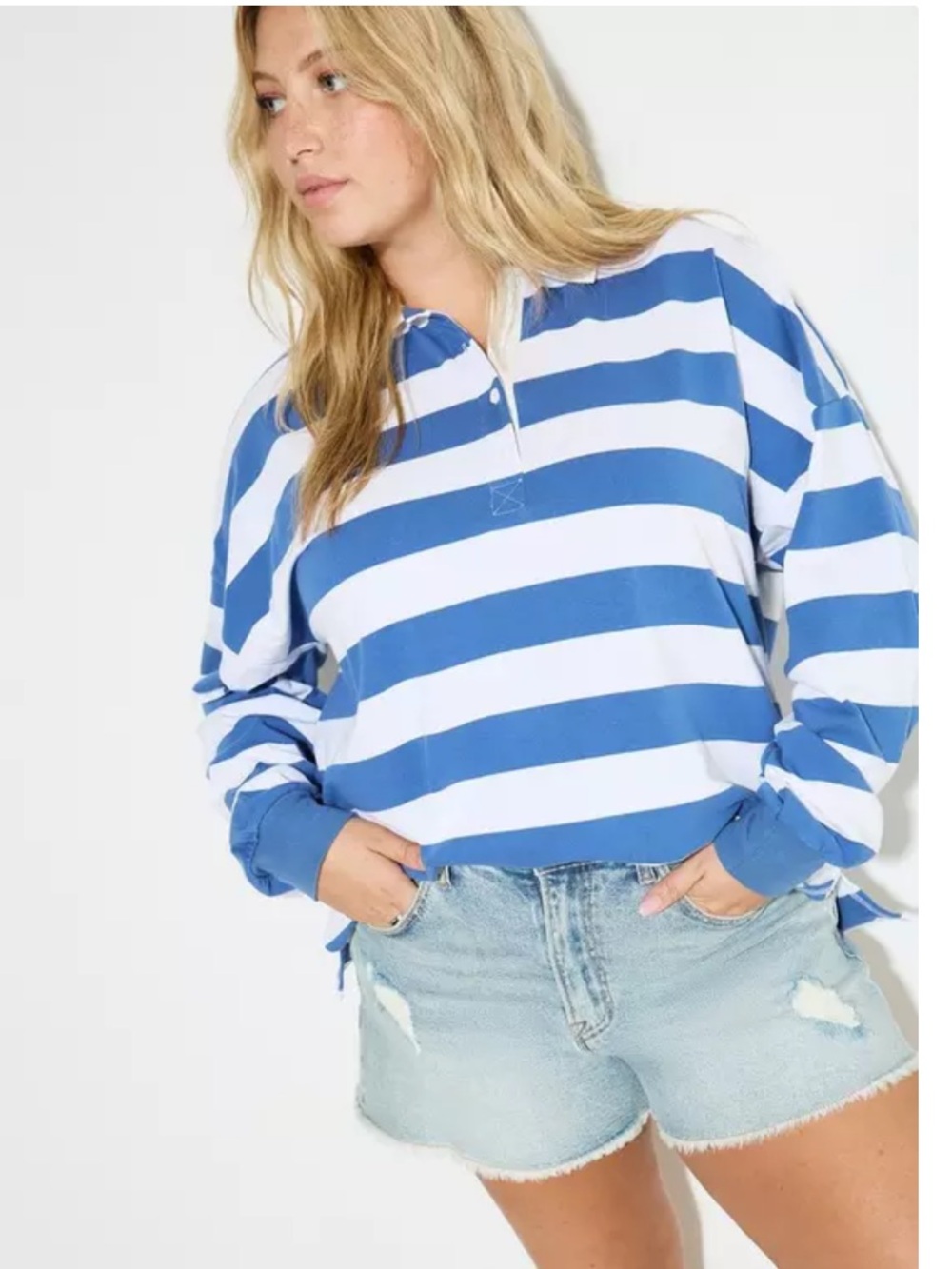 Torrid Lovesick Blue and White Striped Collared Rugby Top